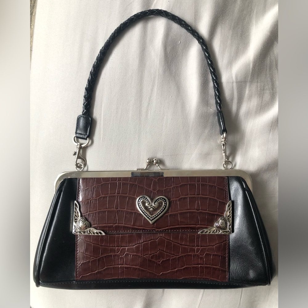 Black and brown leather convertible clutch/handbag with silver detailing